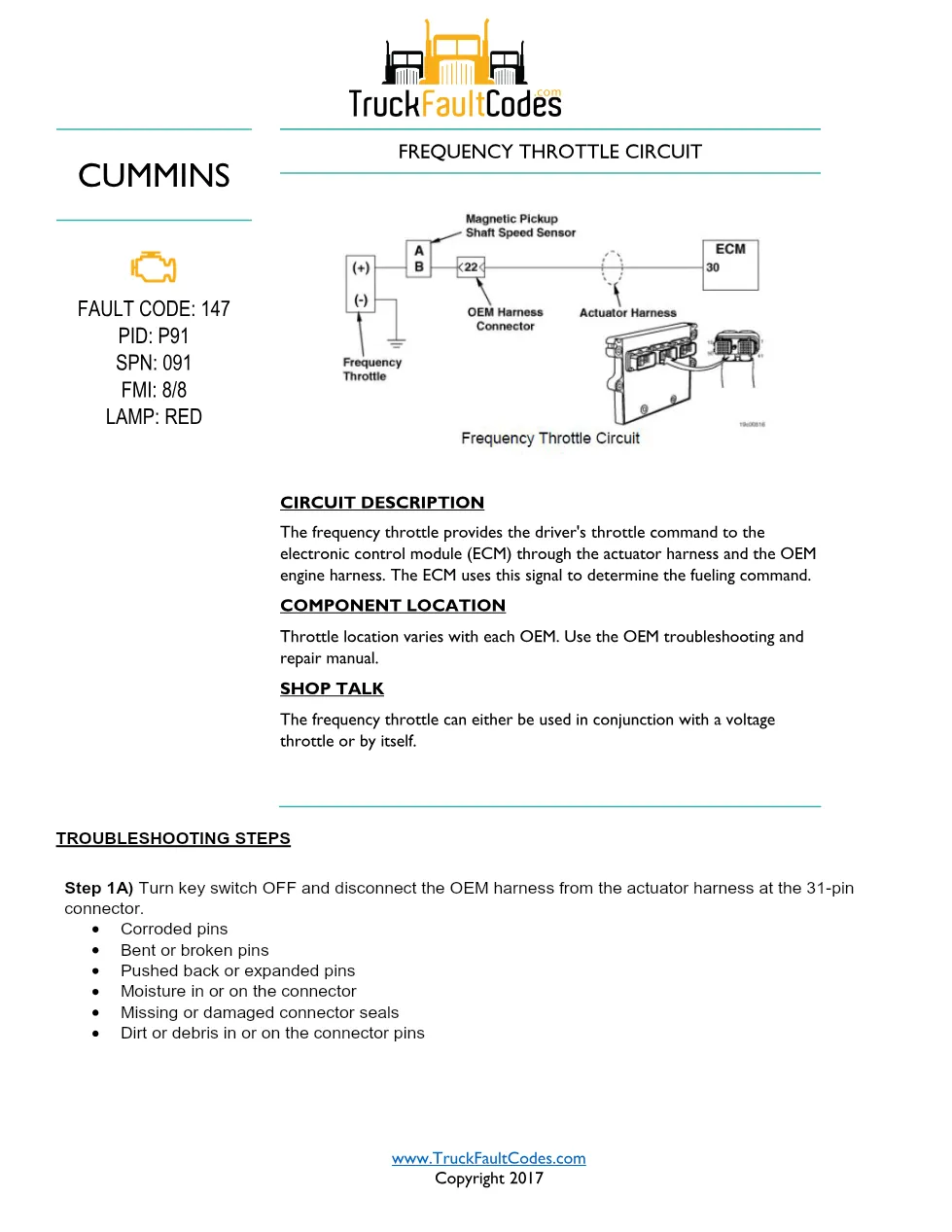 Cummins ISM code 147 — Frequency Throttle Circuit (PID P91, SPN - preview page 1 of 6