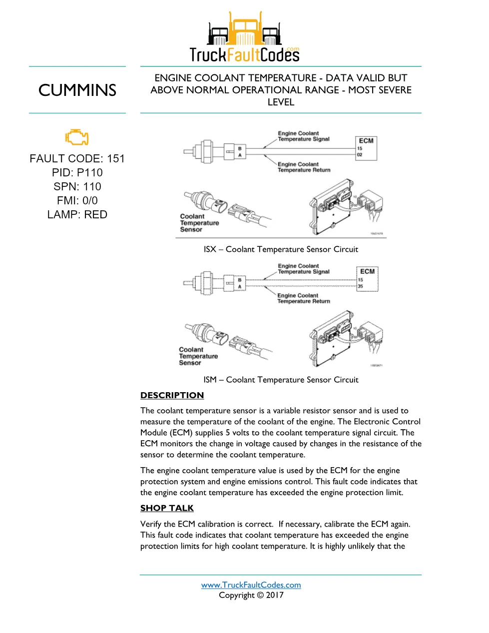 Cummins ISM code 151 engine coolant temperature sensor fault - preview page 1 of 2