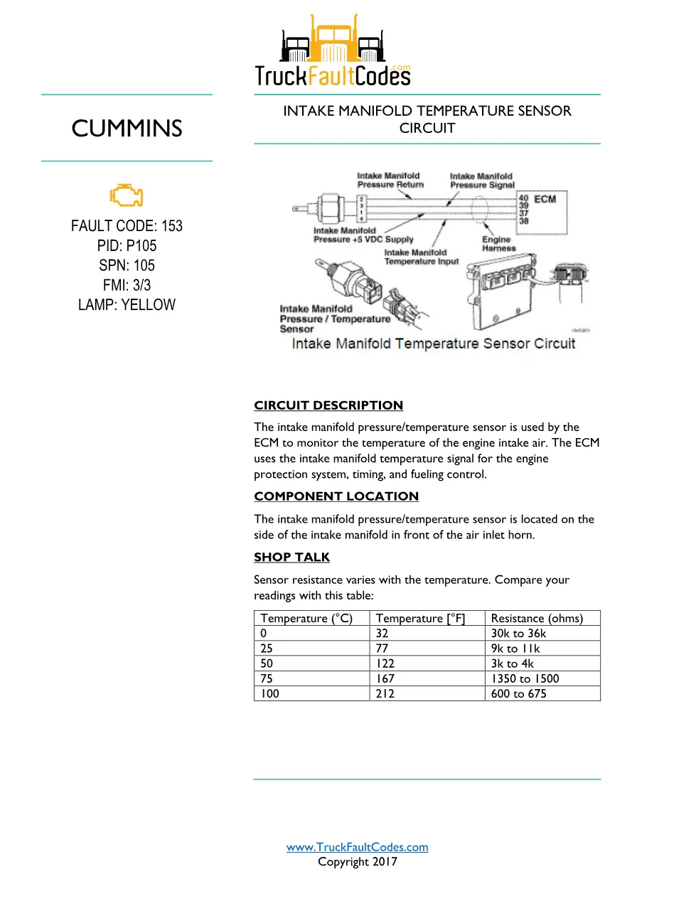 Cummins ISM Code 153 Intake Manifold Temperature Sensor Circuit - preview page 1 of 5