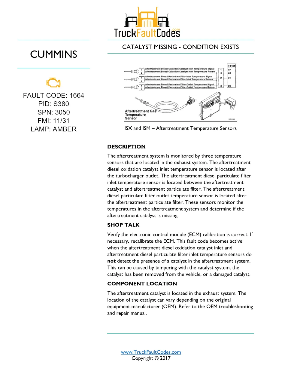 Cummins ISM code 1664 – Catalyst Missing – Condition Exists – ISM - preview page 1 of 2