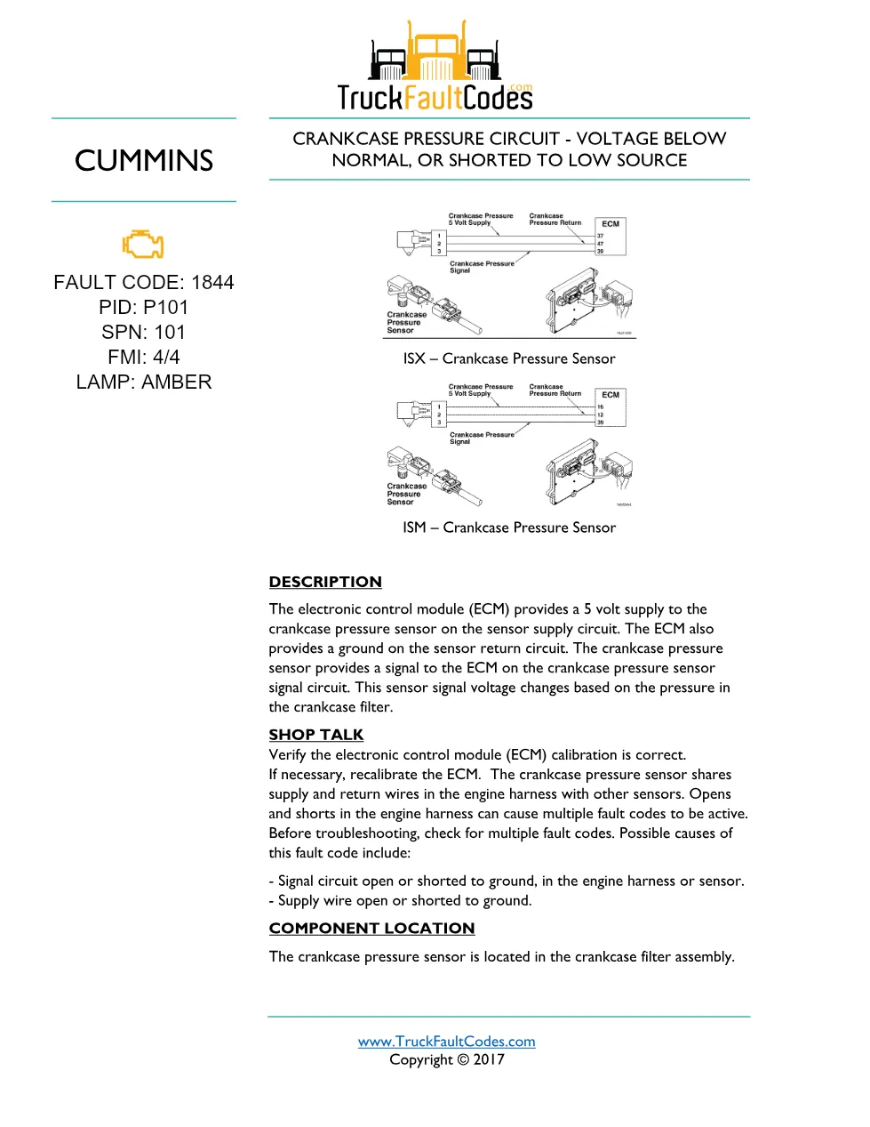 Cummins ISM code 1844 troubleshooting guide – ISM CM871 – Service - preview page 1 of 6