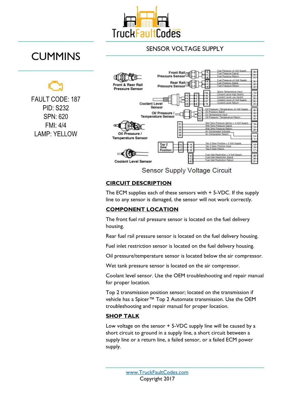 Cummins ISM Code 187 Sensor 5-Volt Supply Circuit Low — PID S232 - preview page 1 of 6