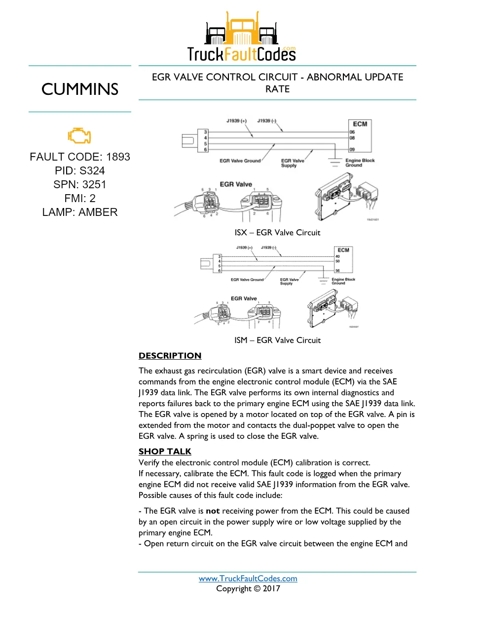 Cummins ISM code 1893 — EGR Valve Control Circuit fault code - preview page 1 of 6