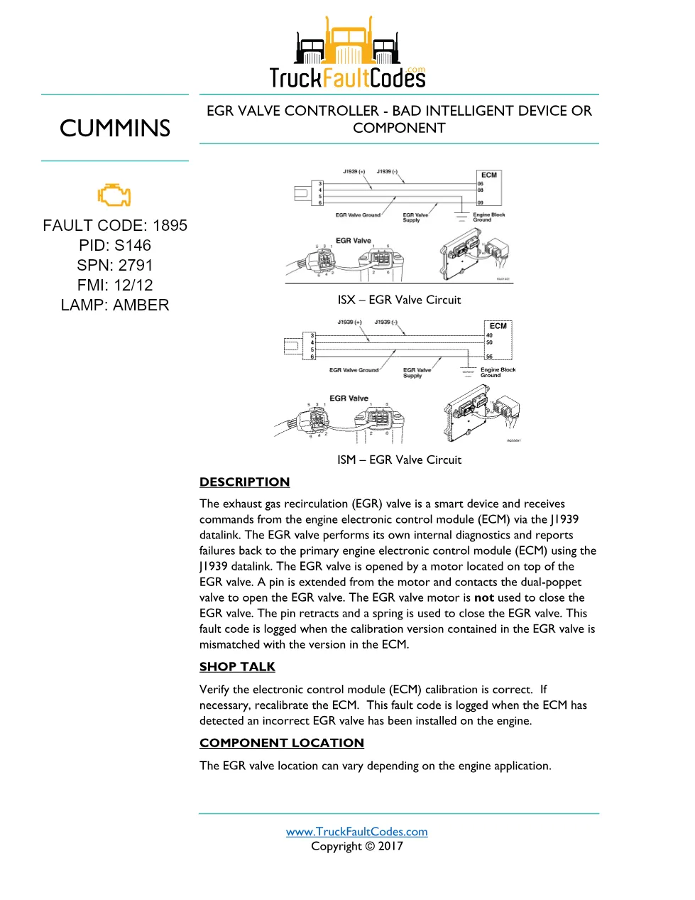 Cummins ISM code 1895 — EGR Valve Controller fault code sheet - preview page 1 of 2