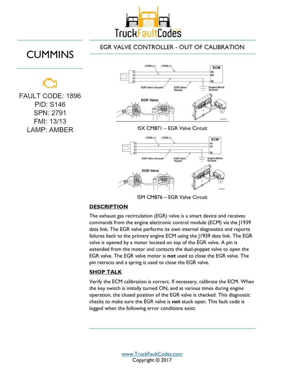 Cummins ISM code 1896 — EGR Valve Controller fault code sheet - preview page 1 of 3