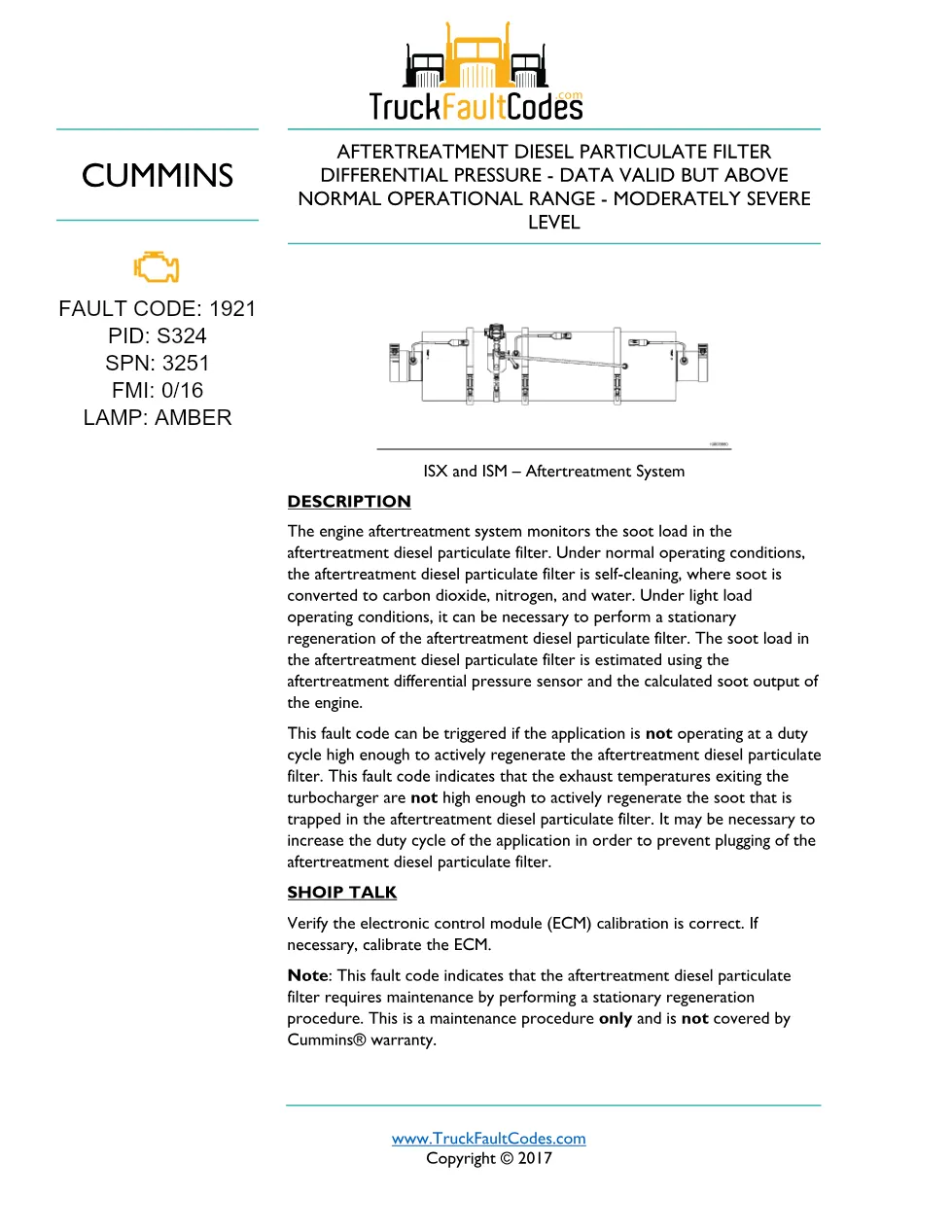 Cummins ISM code 1921 — Aftertreatment Diesel Particulate Filter - preview page 1 of 4