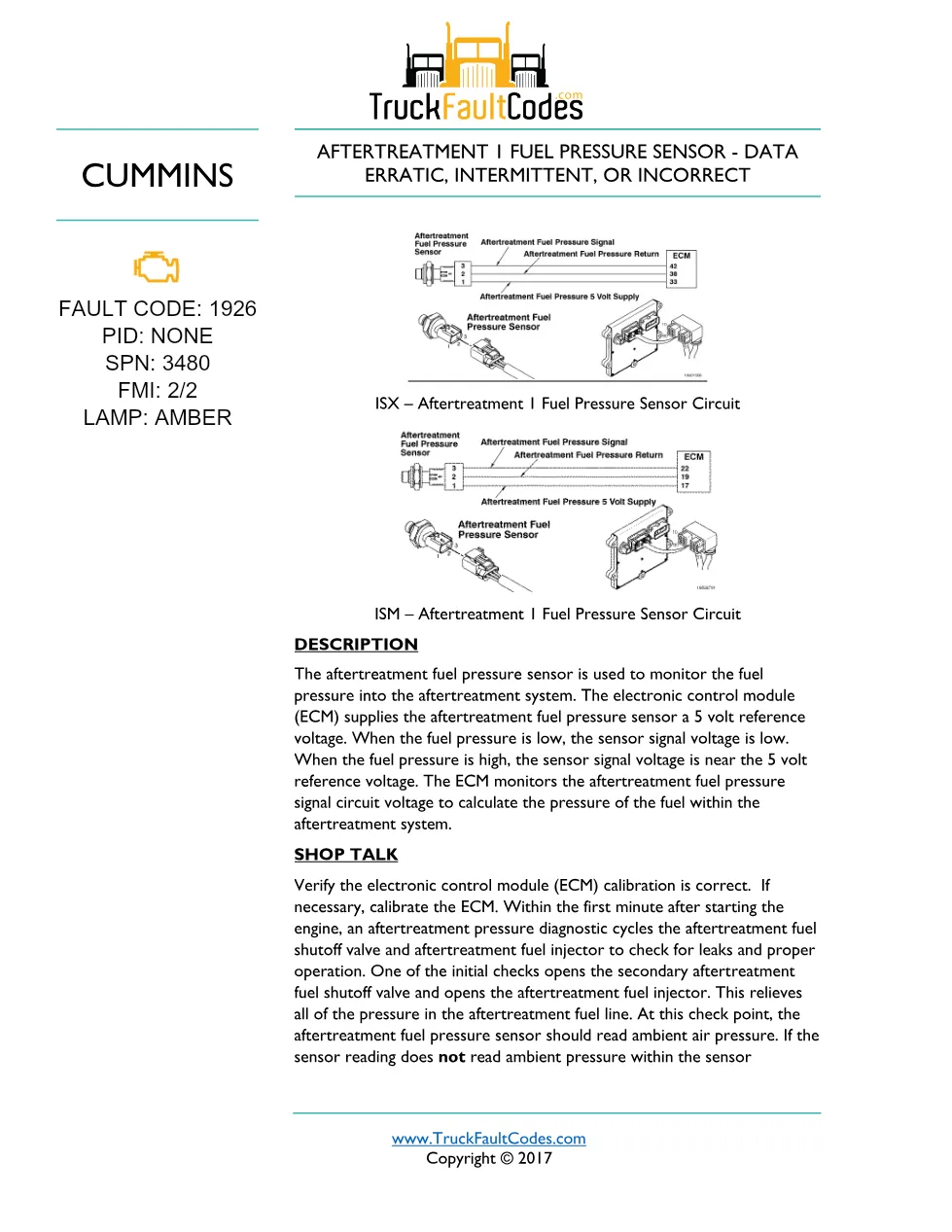 Cummins ISM code 1926 — Aftertreatment 1 Fuel Pressure Sensor - preview page 1 of 5