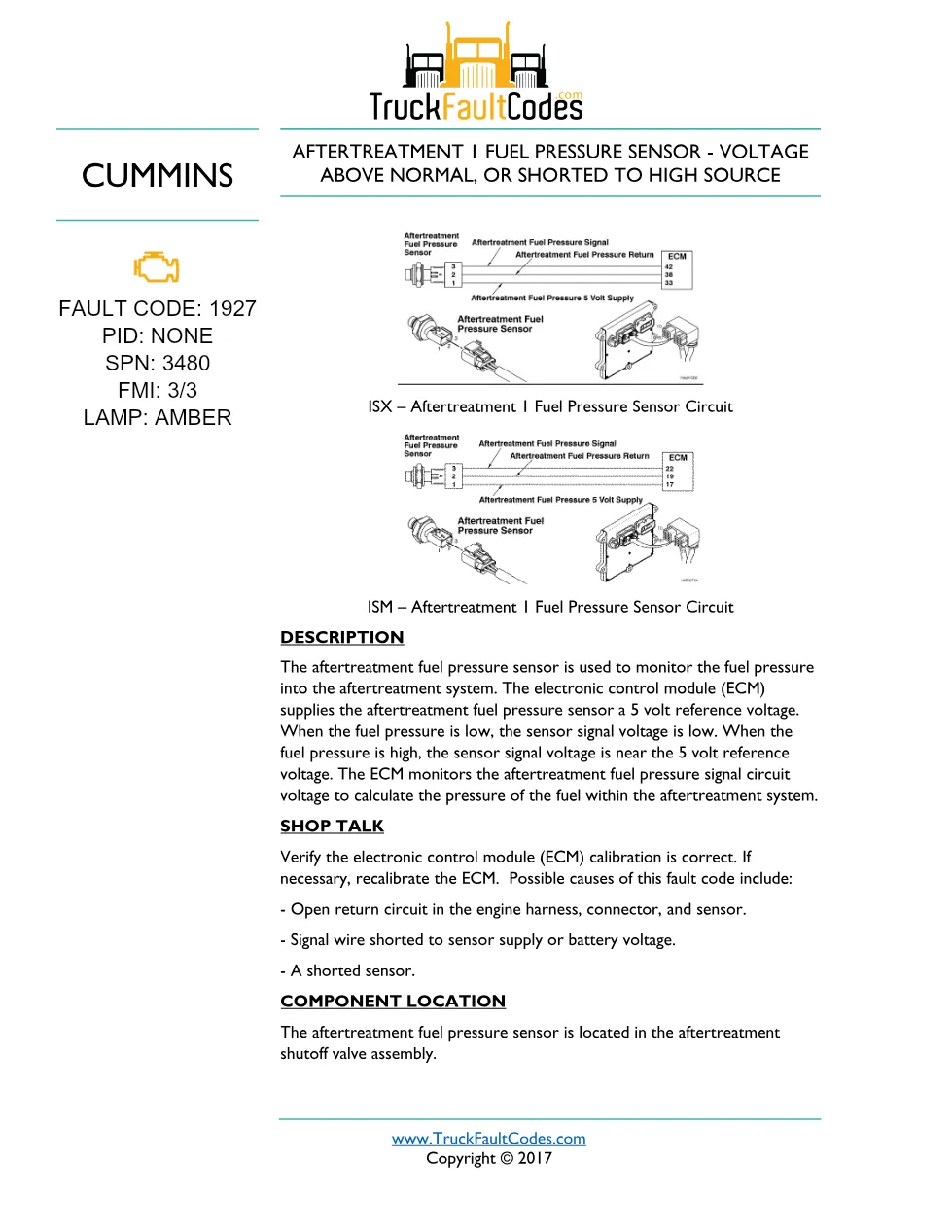 Cummins ISM code 1927 — Aftertreatment 1 Fuel Pressure Sensor - preview page 1 of 5