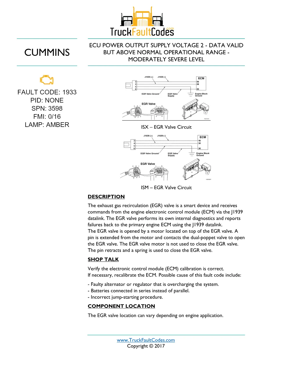 Cummins ISM code 1933 — ECU Power Output Supply Voltage 2 fault - preview page 1 of 3
