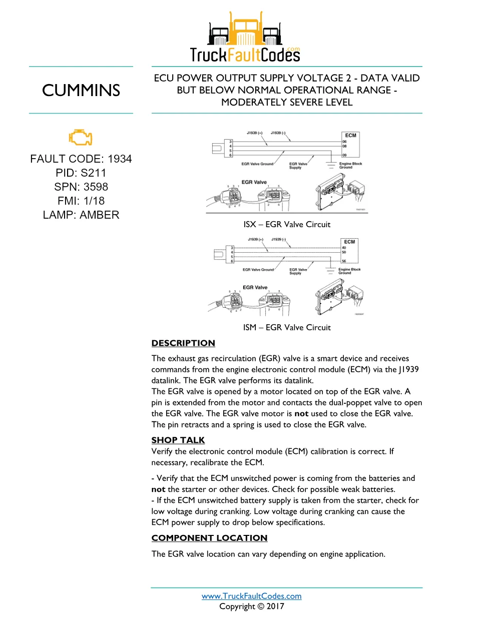 Cummins ISM code 1934 — ECU Power Output Supply Voltage 2 fault - preview page 1 of 2