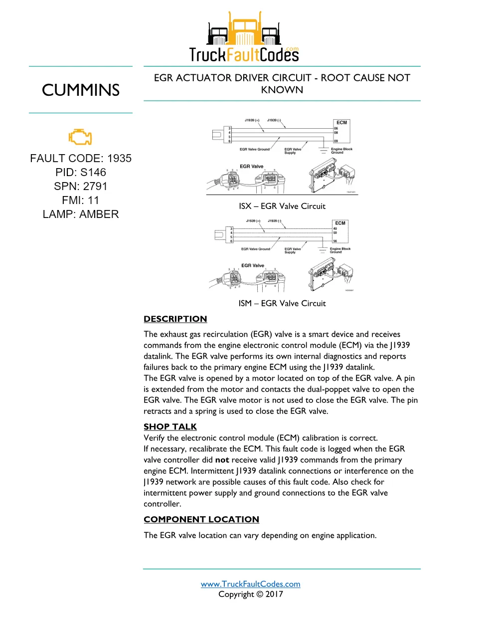 Cummins ISM code 1935 — EGR Actuator Driver Circuit fault code - preview page 1 of 5
