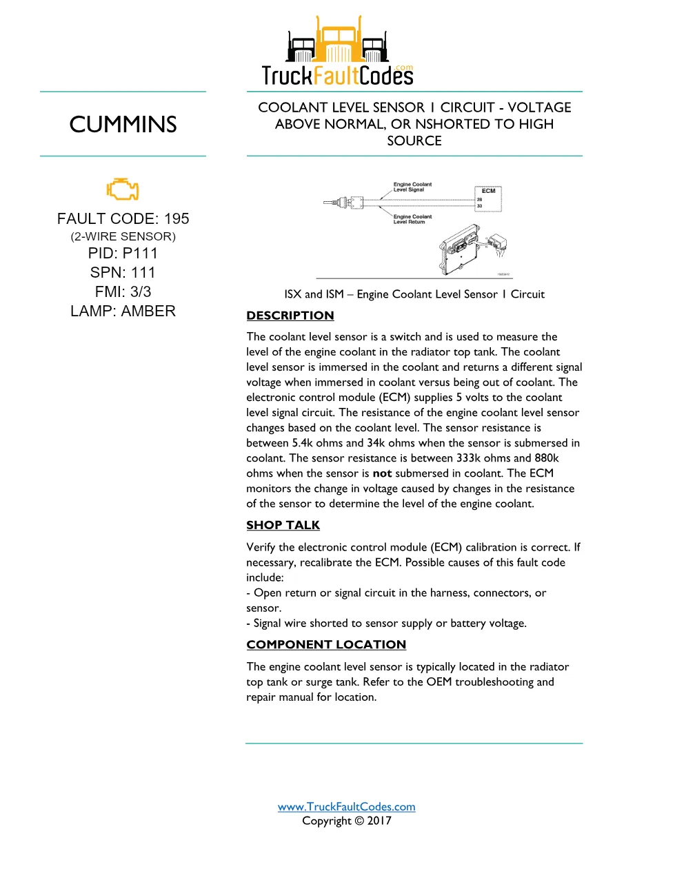 Cummins ISM code 195 coolant level sensor circuit fault – Service - preview page 1 of 6