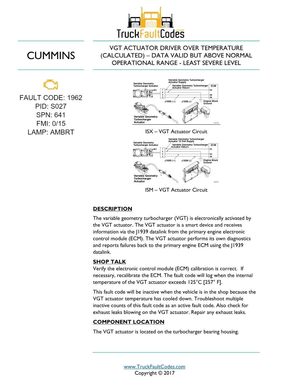 Cummins ISM code 1962 — VGT Actuator Driver Over Temperature - preview page 1 of 2