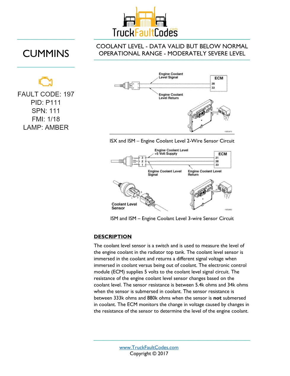 Cummins ISM code 197 coolant level sensor circuit fault – Service - preview page 1 of 2