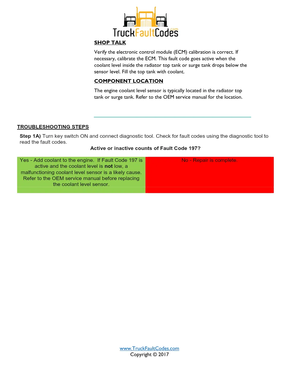 Cummins ISM code 197 coolant level sensor circuit fault – Service - page 2 is available after signing in
