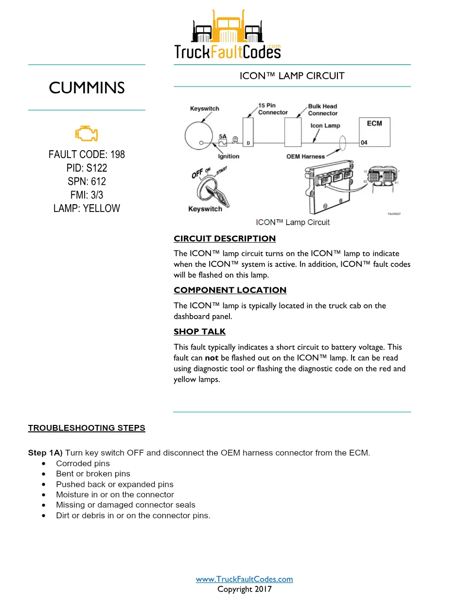 Cummins ISM Code 198 ICON Lamp Circuit Short to Battery — PID - preview page 1 of 3