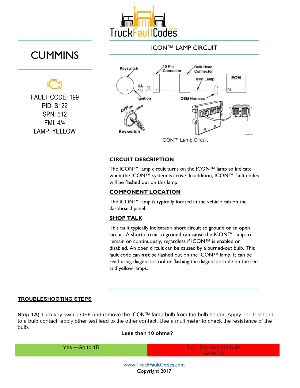 Cummins ISM Code 199 ICON Lamp Circuit Short or Open — PID S122 - preview page 1 of 4