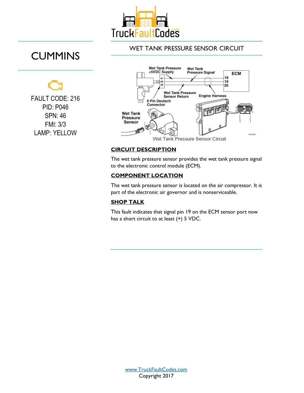 Cummins ISM Code 216 Wet Tank Pressure Sensor Circuit High — PID - preview page 1 of 6