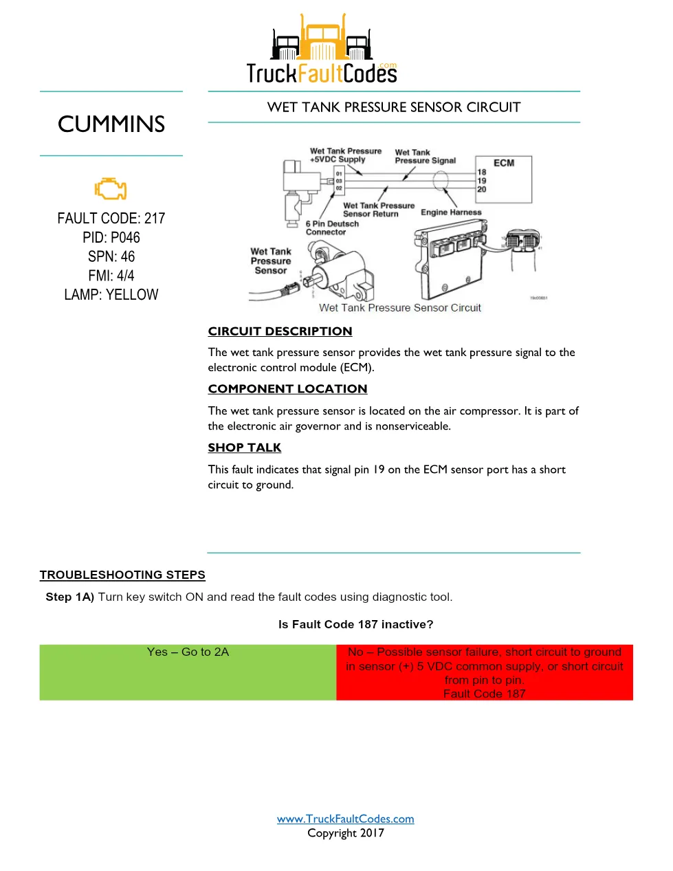 Cummins ISM Code 217 Wet Tank Pressure Sensor Circuit Ground - preview page 1 of 6