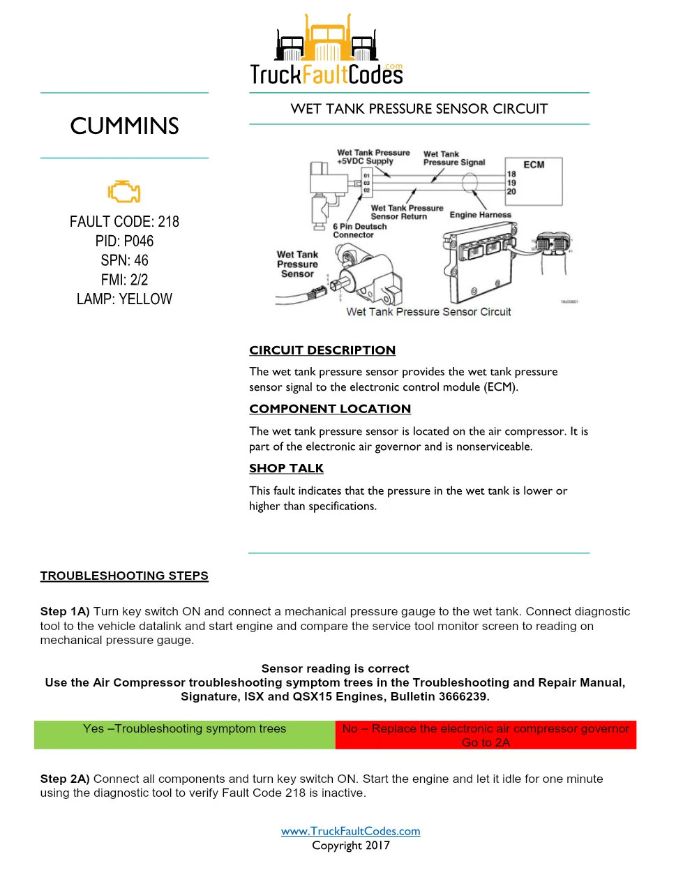 Cummins ISM Code 218 Wet Tank Pressure Out of Range — PID P046 - preview page 1 of 2
