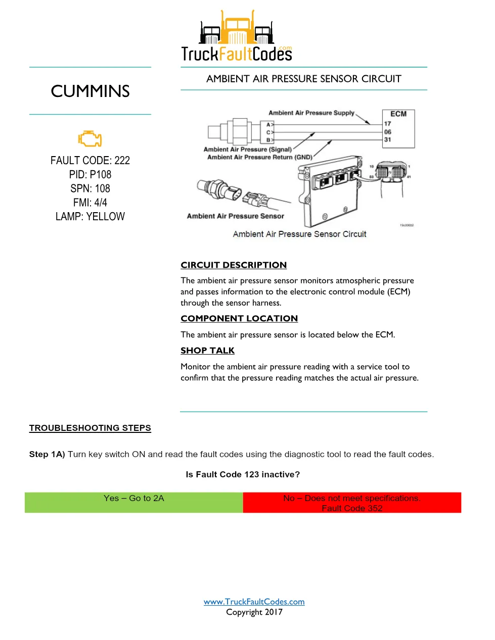 Cummins ISM Code 222 Ambient Air Pressure Sensor Circuit High - preview page 1 of 6