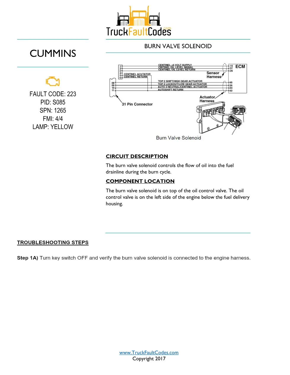 Cummins ISM Code 223 Burn Valve Solenoid Circuit — PID S085 SPN - preview page 1 of 6