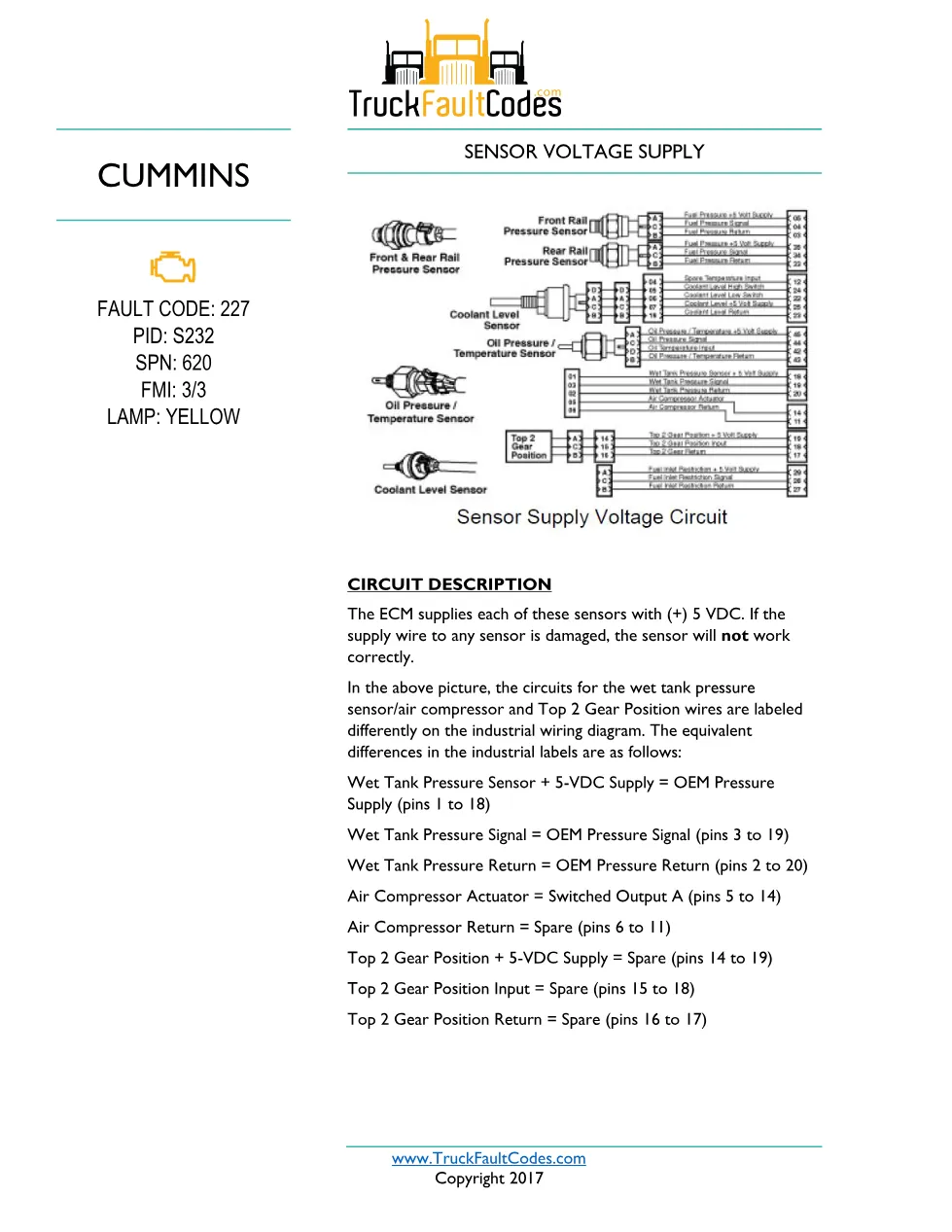 Cummins ISM Code 227 Sensor 5-Volt Supply Circuit — PID S232 SPN - preview page 1 of 5