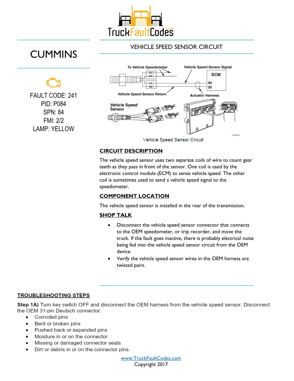 Cummins ISM Code 241 Vehicle Speed Sensor Circuit Noise — PID - preview page 1 of 6