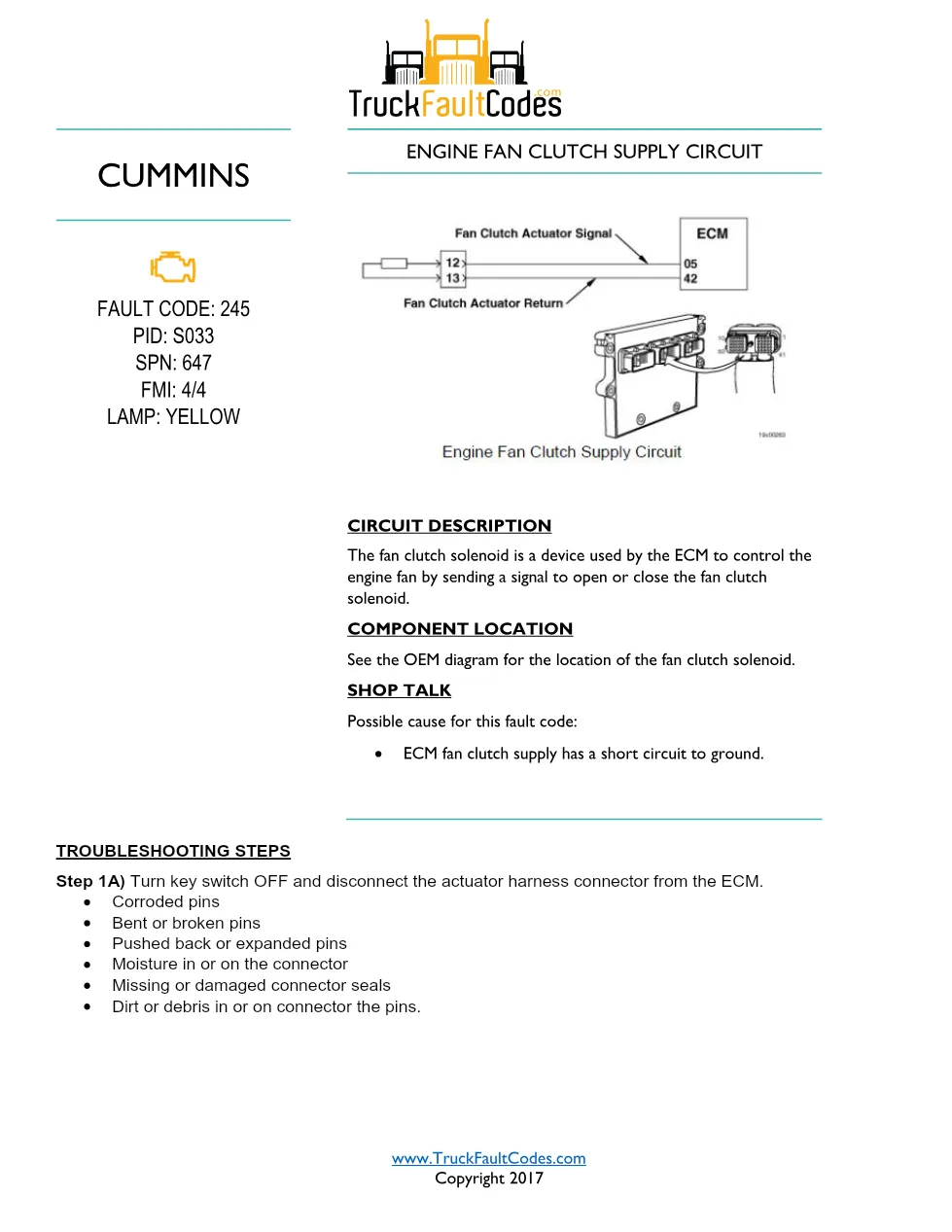 Cummins ISM Code 245 Engine Fan Clutch Supply Circuit — PID S033 - preview page 1 of 6