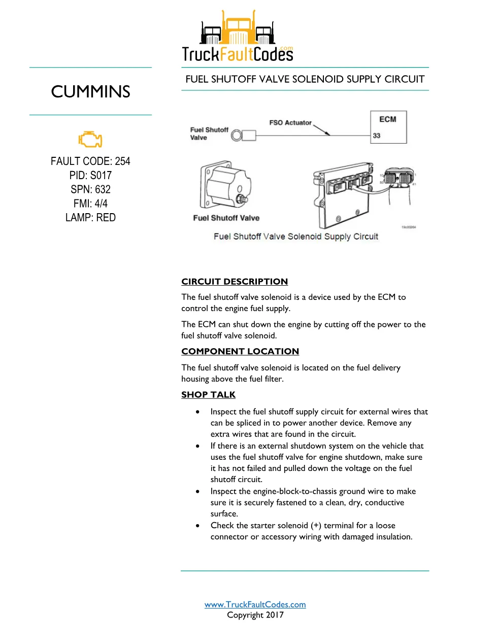 Cummins ISM Code 254 Fuel Shutoff Valve Solenoid Supply Circuit - preview page 1 of 6