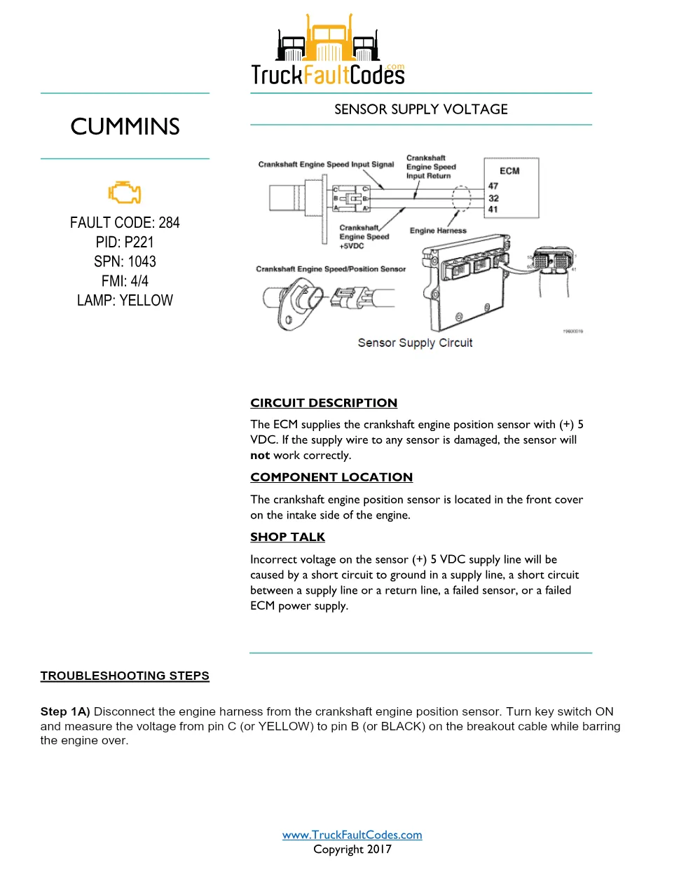 Cummins ISM Code 284 Fault — Sensor Supply Voltage – Official - preview page 1 of 4