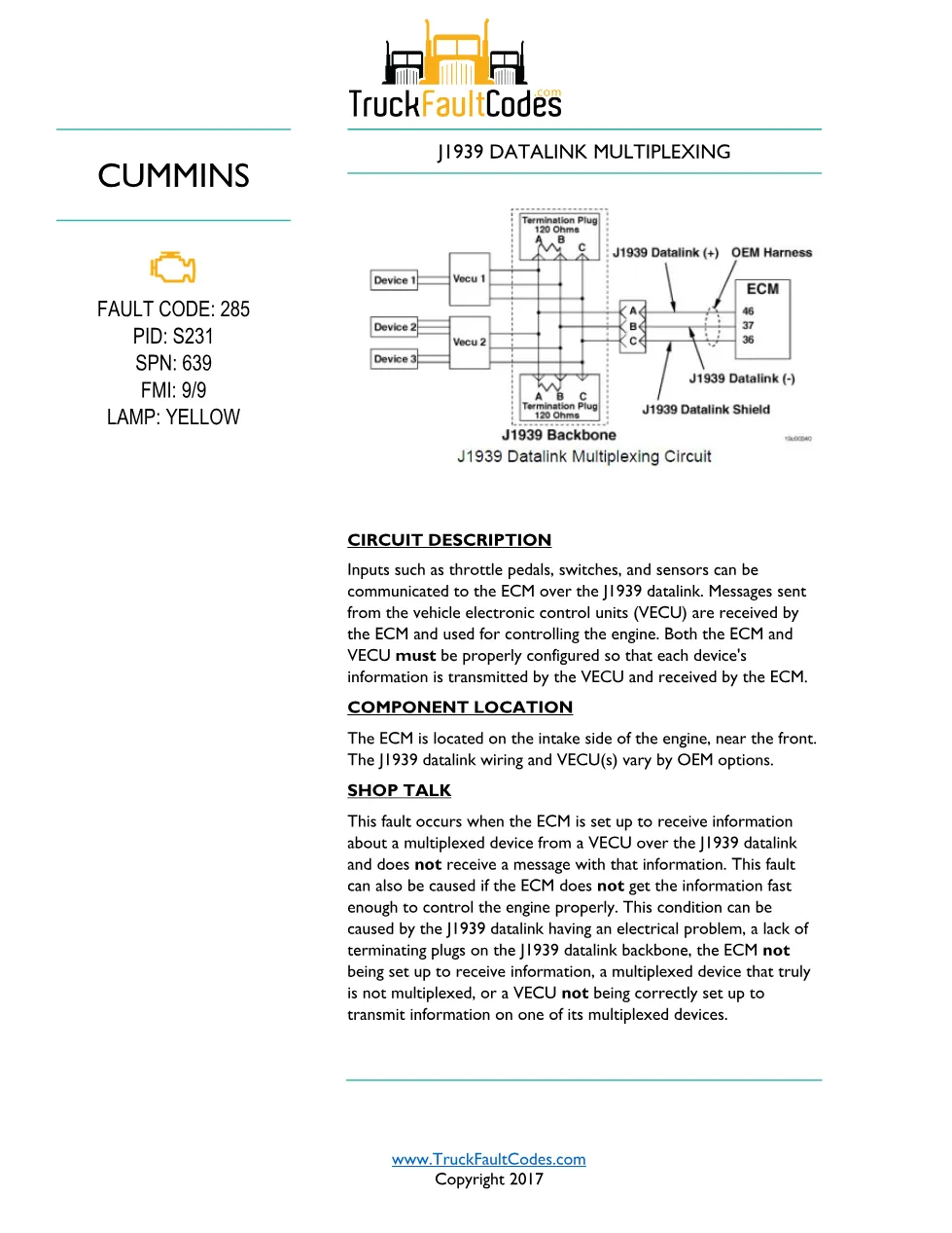 Cummins ISM Code 285 Fault — J1939 Datalink Multiplexing – Guide - preview page 1 of 6