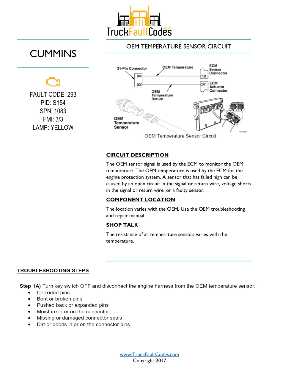 Cummins ISM Code 293 Fault — Oem Temperature Sensor Circuit - preview page 1 of 6