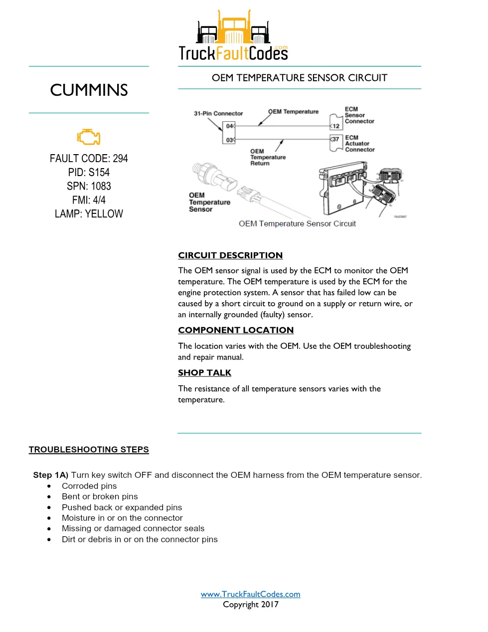 Cummins ISM Code 294 Fault — Oem Temperature Sensor Circuit - preview page 1 of 6