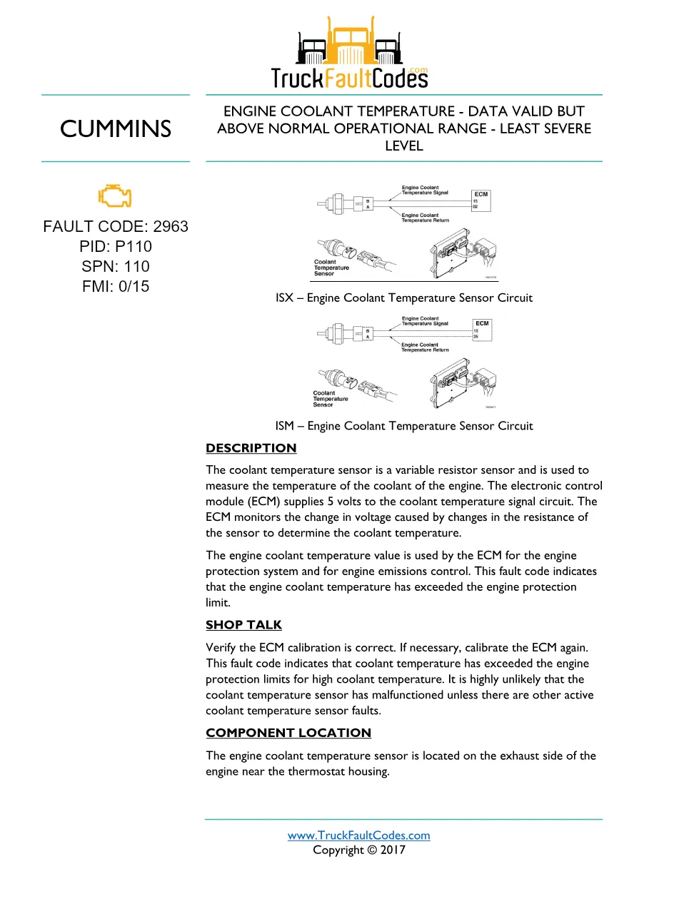 Cummins ISM code 2963 — Engine coolant temperature – above normal - preview page 1 of 2