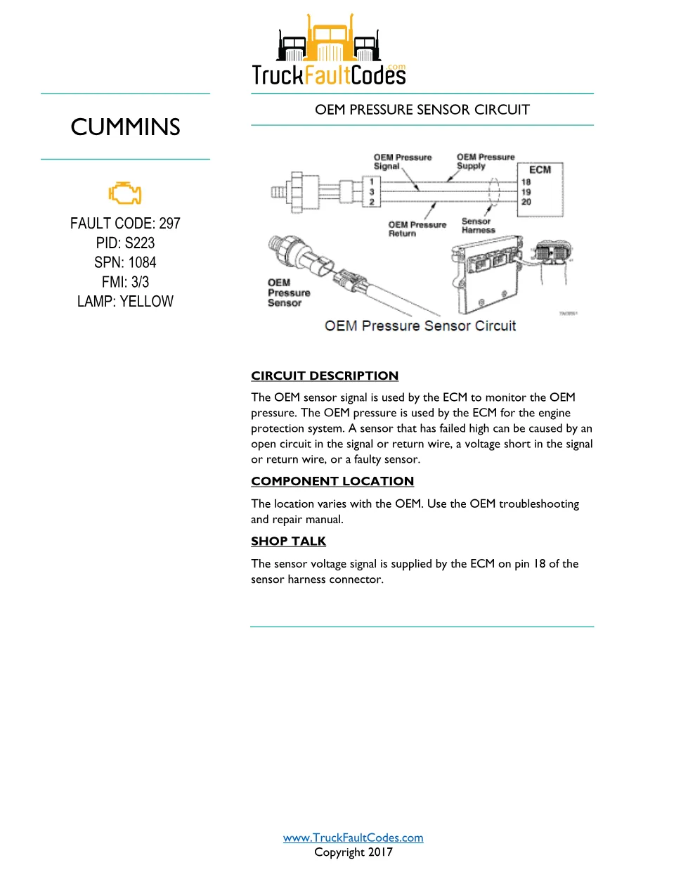 Cummins ISM Code 297 Fault — Oem Pressure Sensor Circuit – Guide - preview page 1 of 6