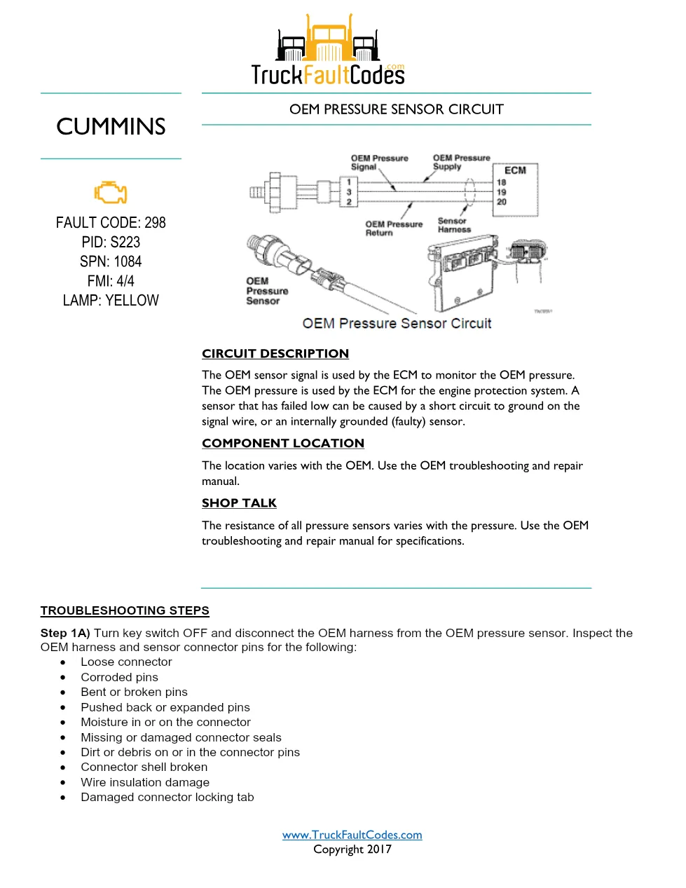 Cummins ISM Code 298 Fault — Oem Pressure Sensor Circuit – Guide - preview page 1 of 6