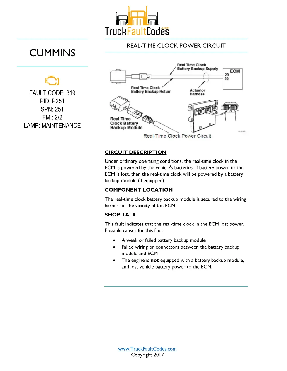 Cummins ISM Code 319 Fault — Real-Time Clock Power Circuit - preview page 1 of 6