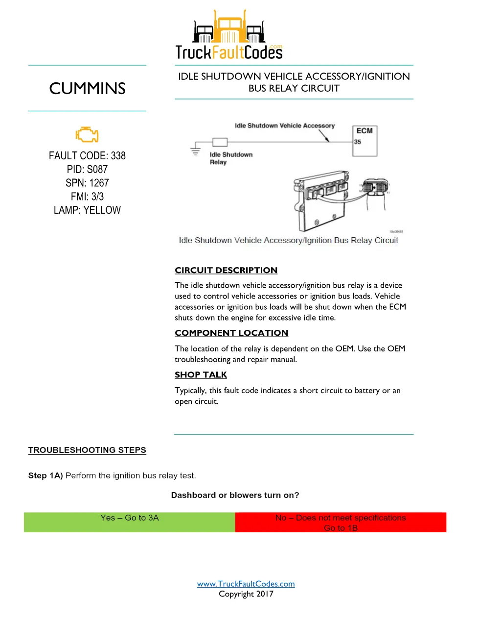 Cummins ISM Code 338 — Idle Shutdown Vehicle Accessory/Ignition - preview page 1 of 4