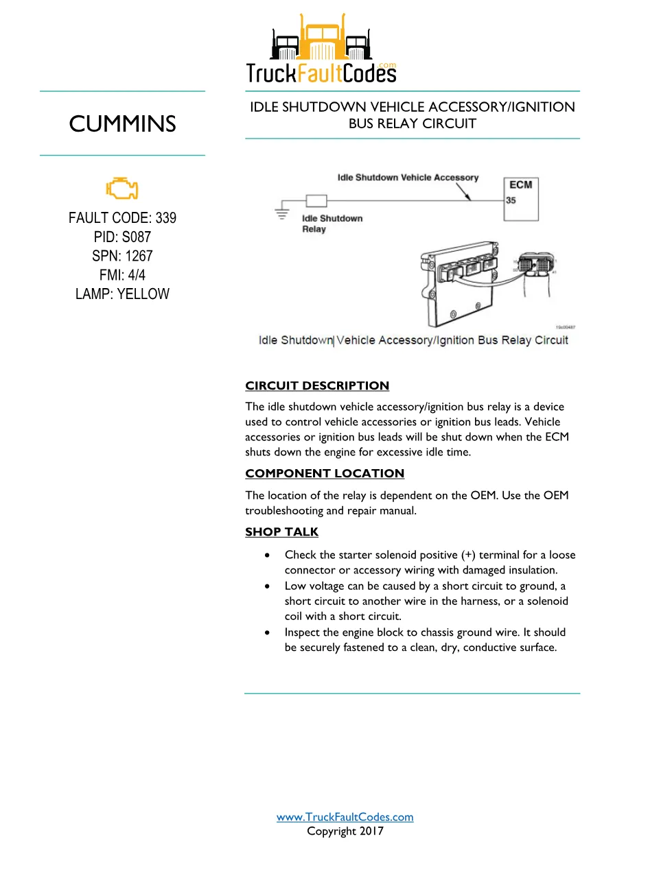 Cummins ISM Code 339 — Idle Shutdown Vehicle Accessory/Ignition - preview page 1 of 4