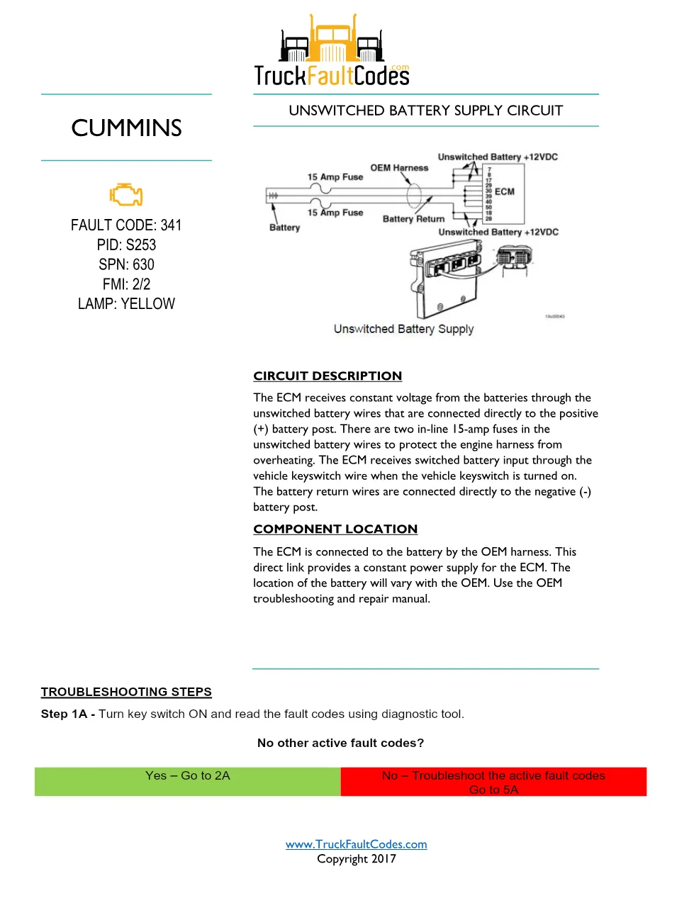 Cummins ISM Code 341 Fault — Unswitched Battery Supply Circuit - preview page 1 of 4