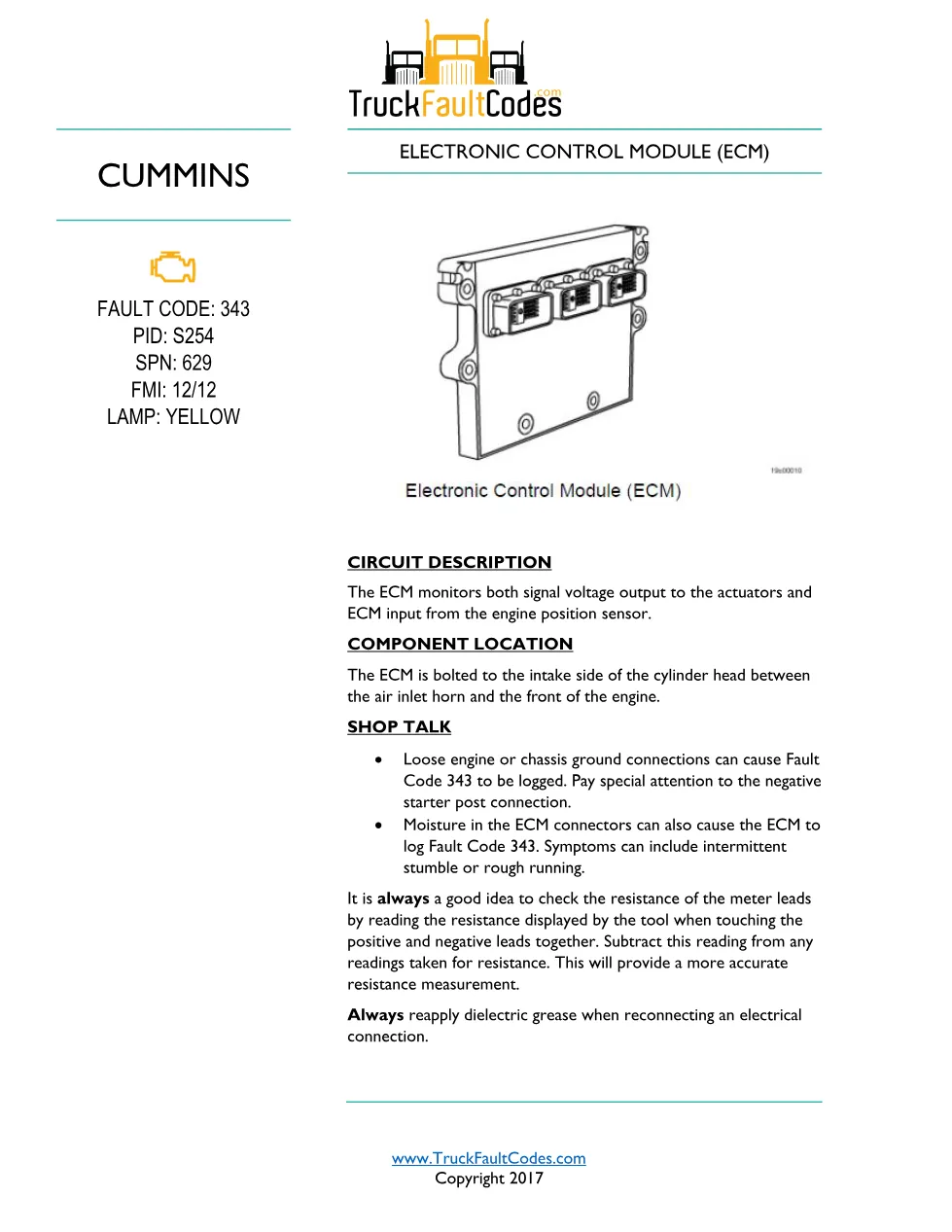 Cummins ISM Code 343 Fault — Electronic Control Module (Ecm) - preview page 1 of 6