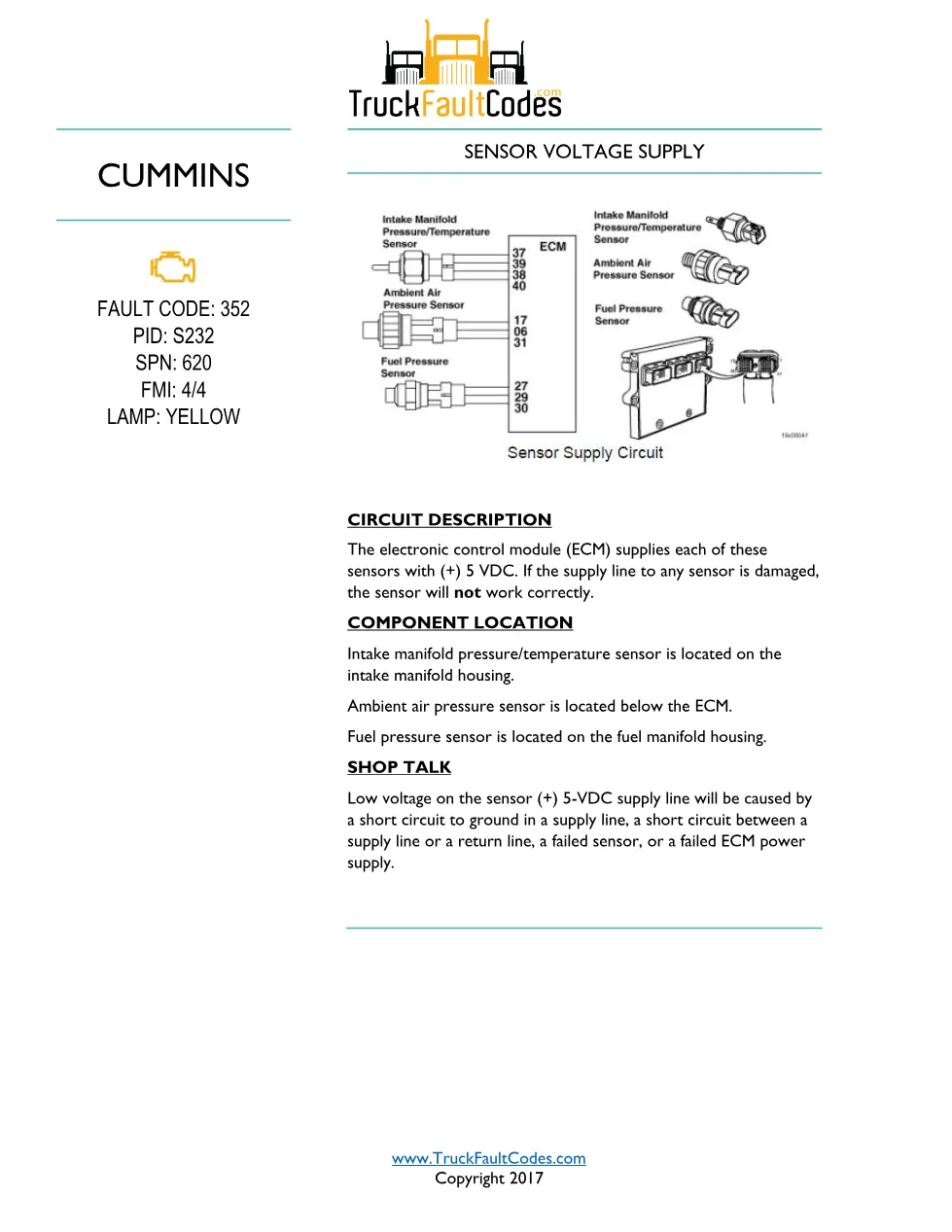 Cummins ISM Code 352 Fault — Sensor Voltage Supply – Official - preview page 1 of 5