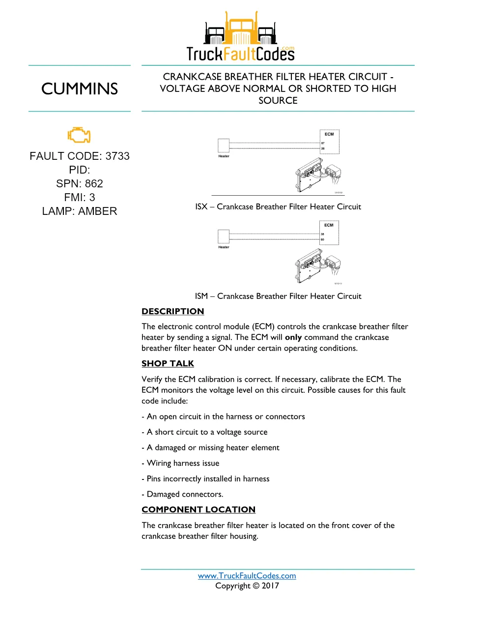 Cummins ISM code 3733 — Crankcase breather filter heater circuit - preview page 1 of 4