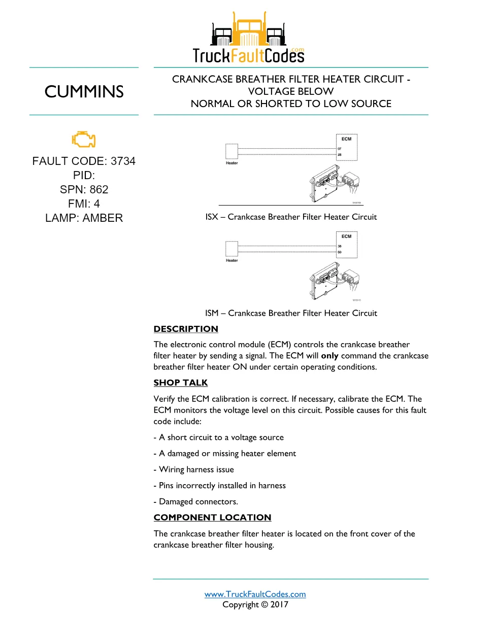 Cummins ISM code 3734 — Crankcase breather filter heater circuit - preview page 1 of 3