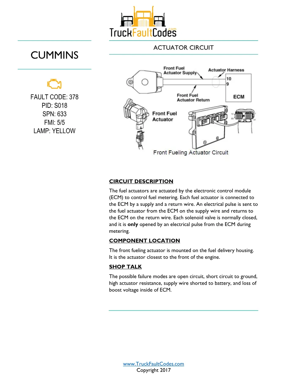 Cummins ISM code 378 Actuator circuit DTC troubleshooting manual - preview page 1 of 5