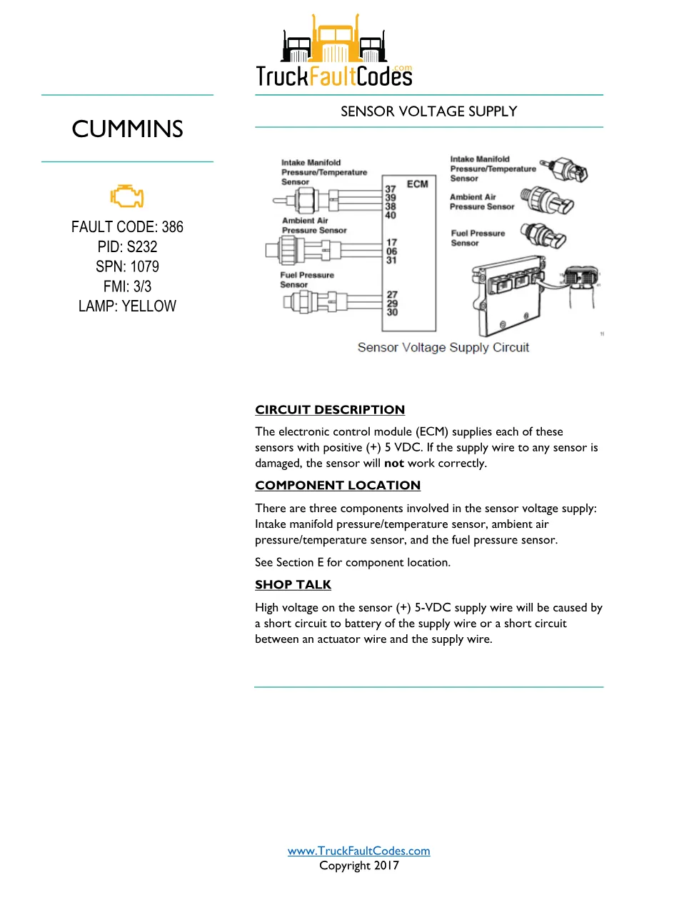 Cummins ISM Code 386 Fault — Sensor Voltage Supply – Official - preview page 1 of 4