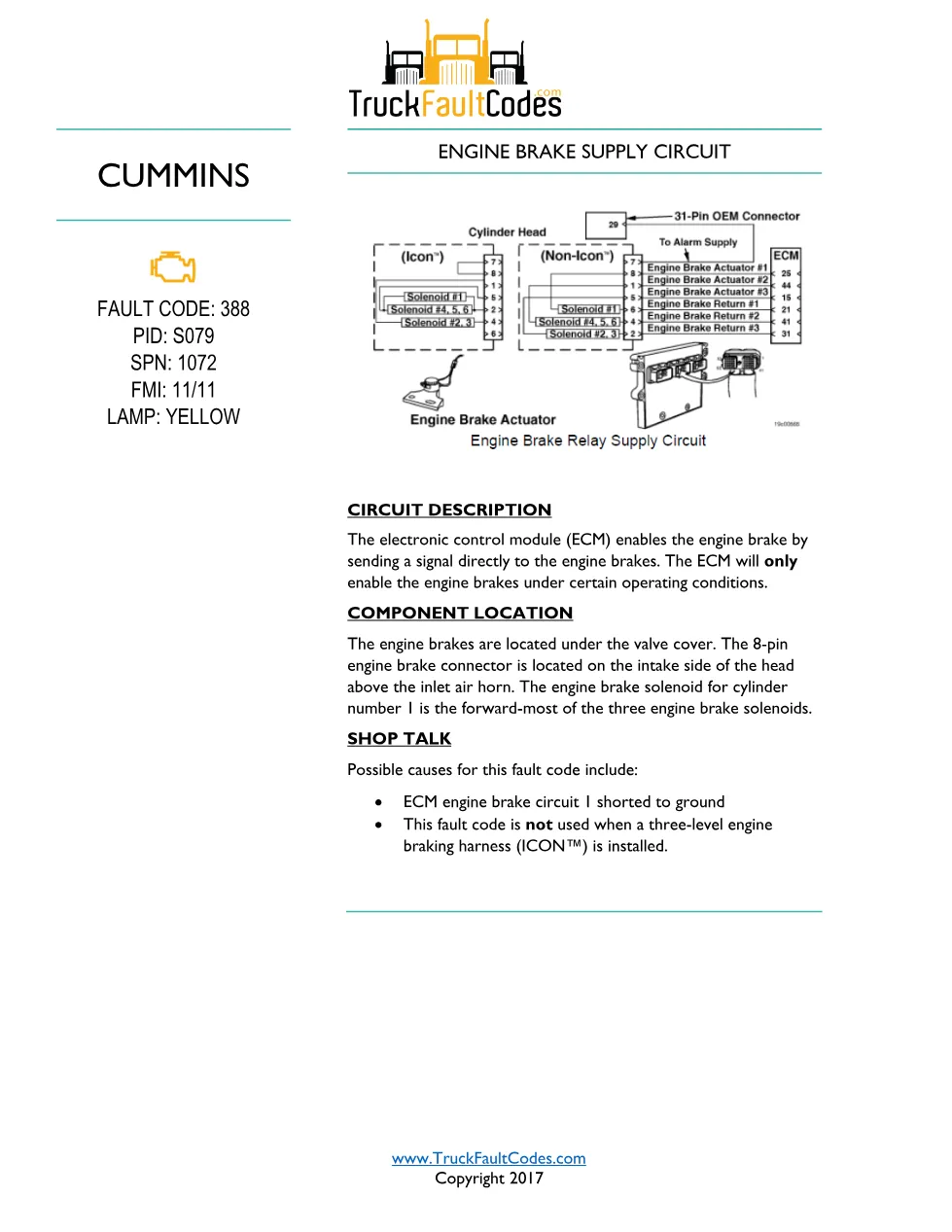 Cummins ISM Code 388 Fault — Engine Brake Supply Circuit – Guide - preview page 1 of 6