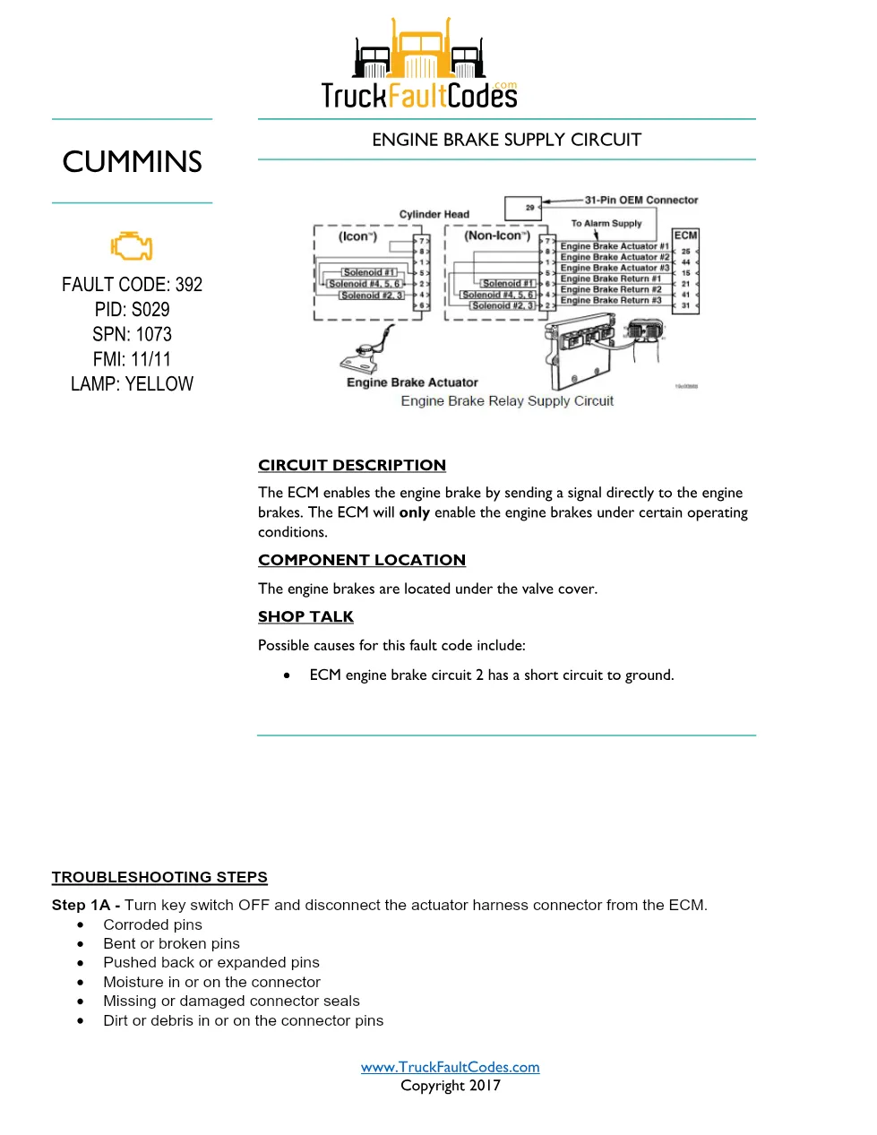 Cummins ISM code 392 Engine brake supply circuit DTC – Official - preview page 1 of 5