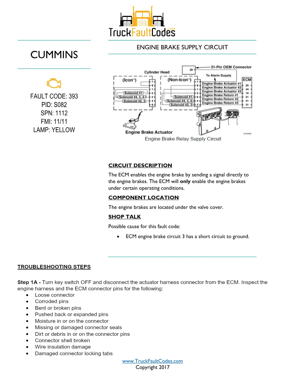 Cummins ISM code 393 Engine brake supply circuit DTC – Official - preview page 1 of 5